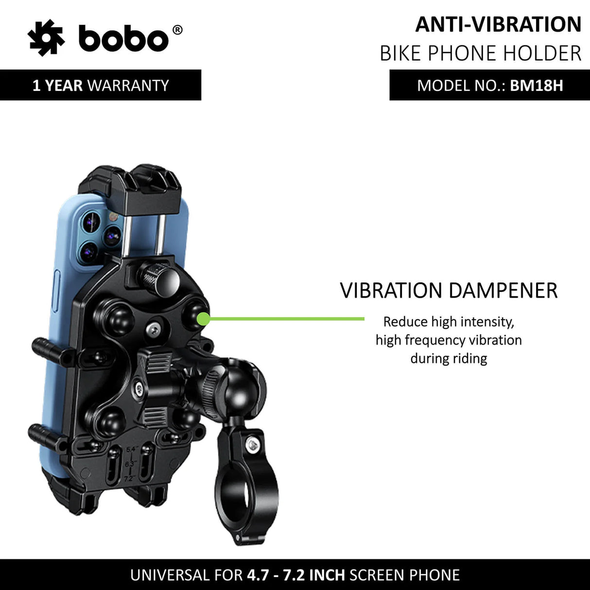 BOBO BM18H (or BM18M) PRO Handlebar (or Mirror) Anti-Vibration Bike Phone Holder (with Fast 15W Wireless Charger & USB-C Charging Module) Motorcycle Mobile Mount