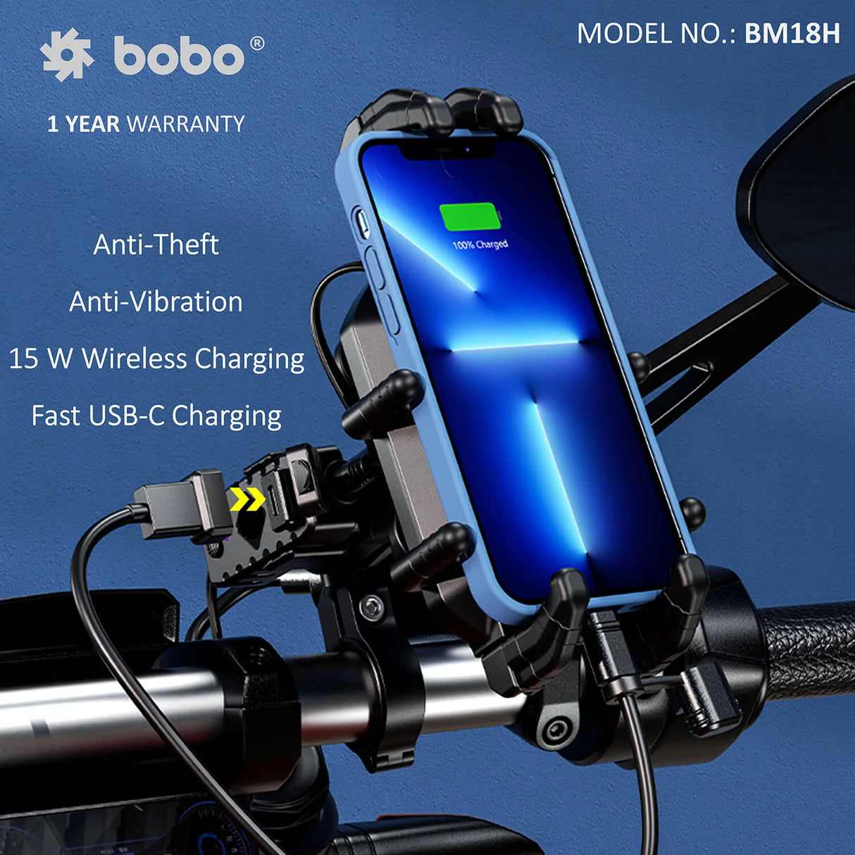 BOBO BM18H (or BM18M) PRO Handlebar (or Mirror) Anti-Vibration Bike Phone Holder (with Fast 15W Wireless Charger & USB-C Charging Module) Motorcycle Mobile Mount