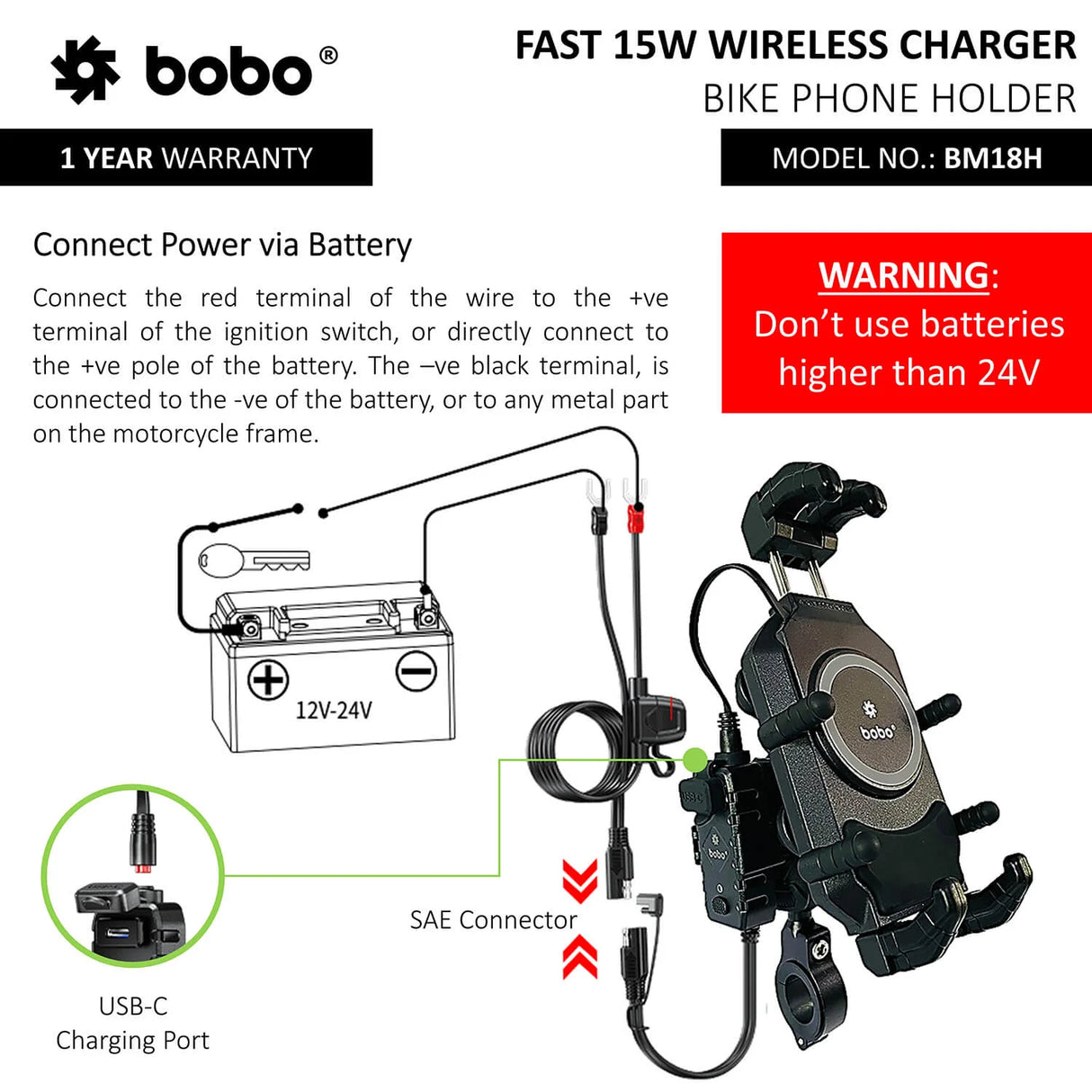 BOBO BM18H (or BM18M) PRO Handlebar (or Mirror) Anti-Vibration Bike Phone Holder (with Fast 15W Wireless Charger & USB-C Charging Module) Motorcycle Mobile Mount