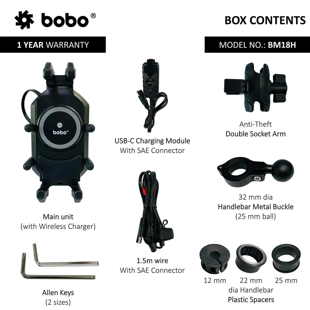BOBO BM18H (or BM18M) PRO Handlebar (or Mirror) Anti-Vibration Bike Phone Holder (with Fast 15W Wireless Charger & USB-C Charging Module) Motorcycle Mobile Mount