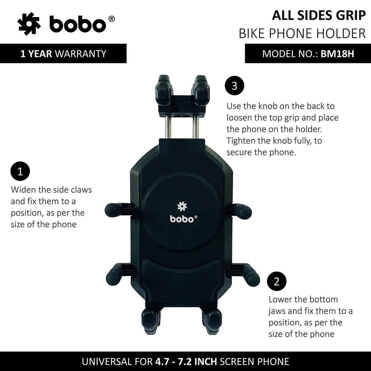 BOBO BM18H (or BM18M) PRO Handlebar (or Mirror) Anti-Vibration Bike Phone Holder (with Fast 15W Wireless Charger & USB-C Charging Module) Motorcycle Mobile Mount