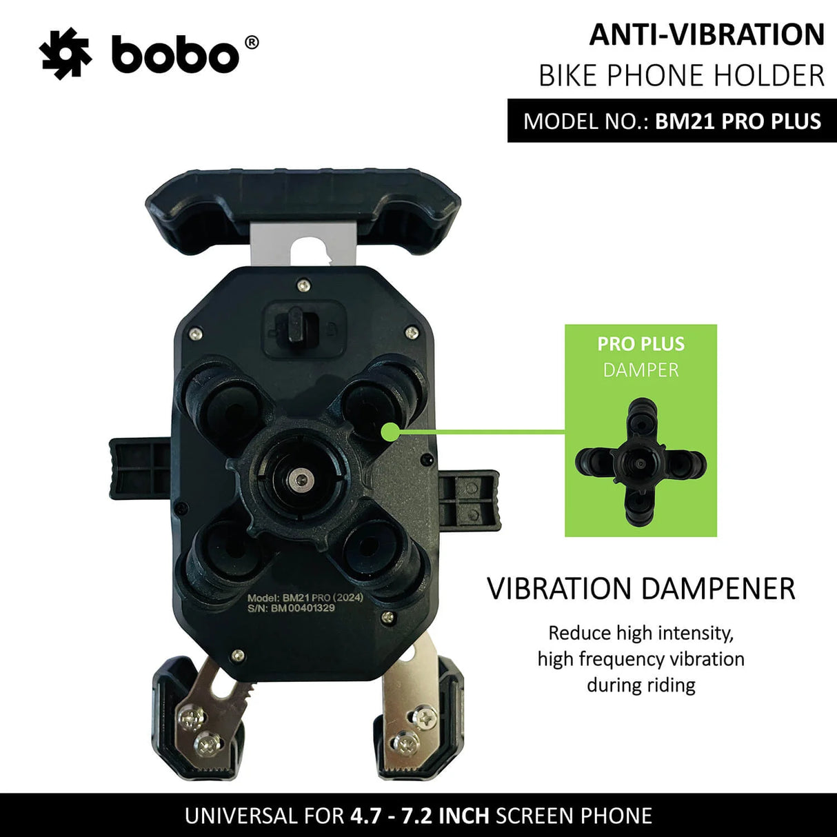 BOBO BM21 PRO PLUS Top & Bottom Corners Secure Grip with PRO PLUS Vibration Damper Bike / Cycle Phone Holder Motorcycle Mobile Mount