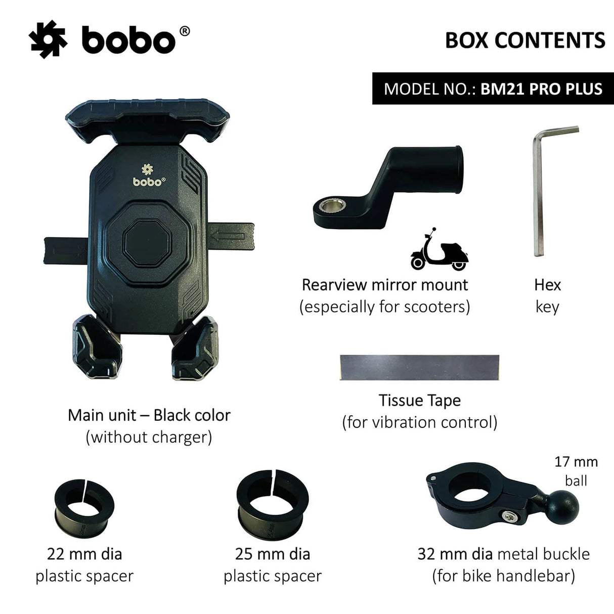BOBO BM21 PRO PLUS Top & Bottom Corners Secure Grip with PRO PLUS Vibration Damper Bike / Cycle Phone Holder Motorcycle Mobile Mount