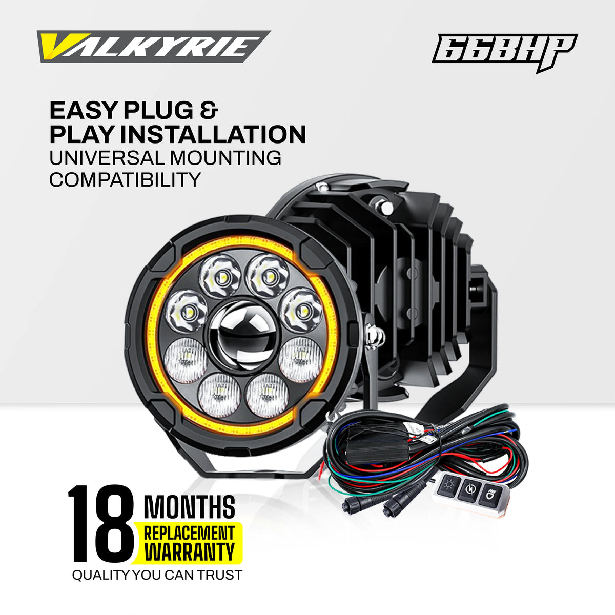 66BHP Valkyrie Fog Lights - 4.5 Inch; 120W Ultra Vision Auxiliary Light – High/Low Beam + Amber DRL | 13200 Lumens | IP68 Waterproof