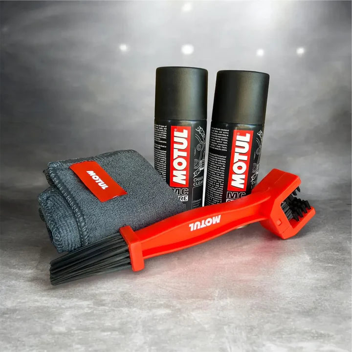 Motul Chain Care Kit — C1 & C2 COMBO 150 ml Each and Microfiber Cloth + Chain Cleaning Brush