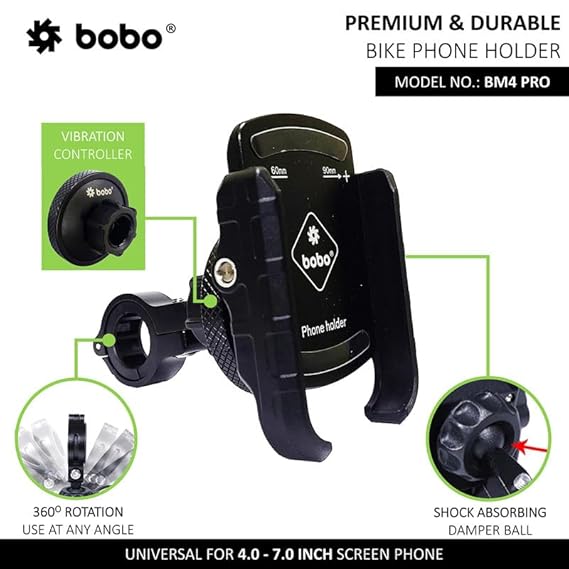 BOBO BM4 PRO Jaw-Grip with Vibration Contoller Waterproof BikeMotorcycleScooter Mobile Phone Holder Mount, Ideal for Maps and GPS Navigation (Black)