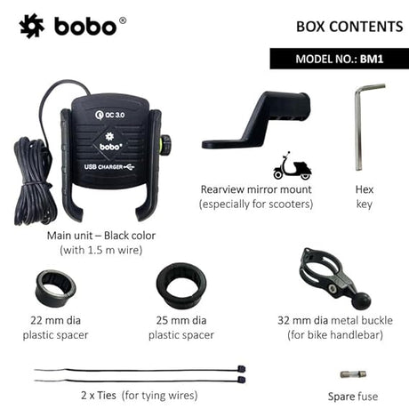 BOBO BM1 Jaw-Grip Waterproof BikeMotorcycleScooter Mobile Phone Holder Mount with Fast USB 3.0 Charger, Ideal for Maps and GPS Navigation (Black)