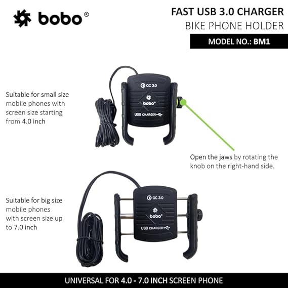 BOBO BM1 Jaw-Grip Waterproof BikeMotorcycleScooter Mobile Phone Holder Mount with Fast USB 3.0 Charger, Ideal for Maps and GPS Navigation (Black)