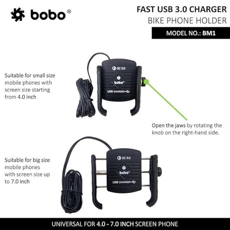 BOBO BM1 Jaw-Grip Waterproof BikeMotorcycleScooter Mobile Phone Holder Mount with Fast USB 3.0 Charger, Ideal for Maps and GPS Navigation (Black)