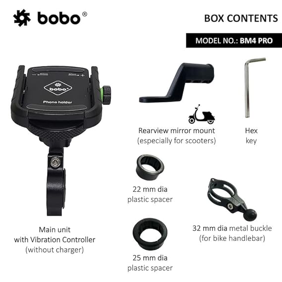 BOBO BM4 PRO Jaw-Grip with Vibration Contoller Waterproof BikeMotorcycleScooter Mobile Phone Holder Mount, Ideal for Maps and GPS Navigation (Black)