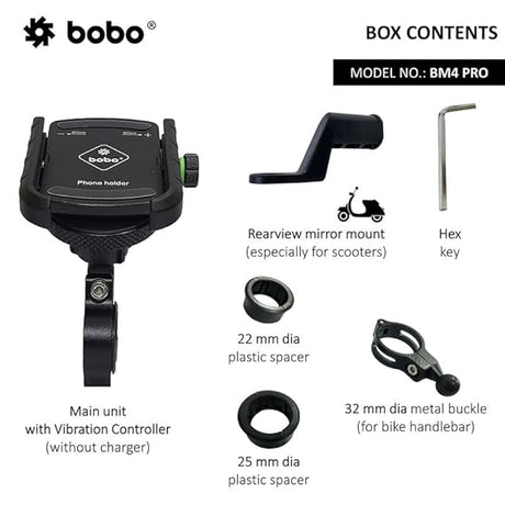 BOBO BM4 PRO Jaw-Grip with Vibration Contoller Waterproof BikeMotorcycleScooter Mobile Phone Holder Mount, Ideal for Maps and GPS Navigation (Black)