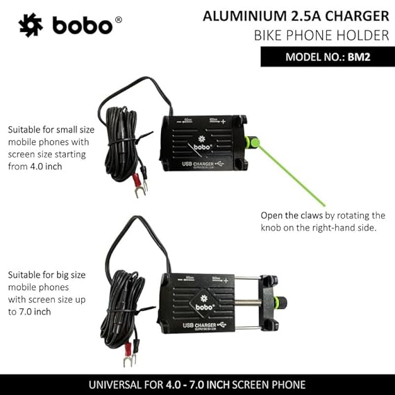 BOBO BM2 Aluminium Waterproof Bike/Motorcycle/Scooter Mobile Phone Holder Mount with 2.5A USB Charger, Ideal for Maps and GPS Navigation (Black)