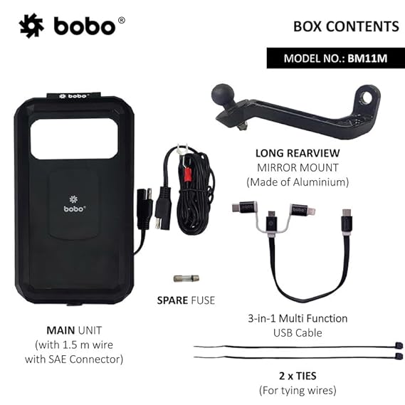 BOBO BM11M Mirror Mount Fully Waterproof Bike/Motorcycle/Scooter Mobile Phone Holder Mount with Fast 15W Wireless & USB-C Input/Output Charger, Ideal for Maps and GPS Navigation (Black)