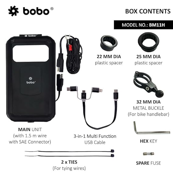 BOBO BM11H Handlebar Mount Fully Waterproof Bike/Motorcycle/Scooter Mobile Phone Holder Mount with Fast 15W Wireless & USB-C Input/Output Charger, Ideal for Maps and GPS Navigation (Black)