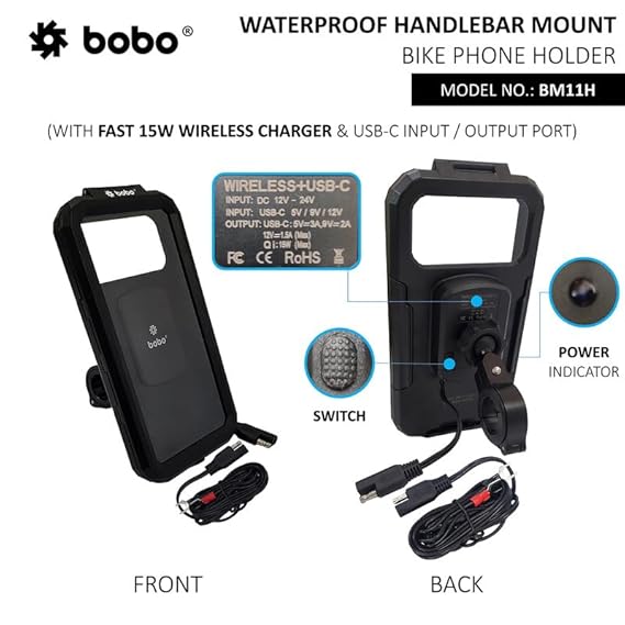 BOBO BM11H Handlebar Mount Fully Waterproof Bike/Motorcycle/Scooter Mobile Phone Holder Mount with Fast 15W Wireless & USB-C Input/Output Charger, Ideal for Maps and GPS Navigation (Black)