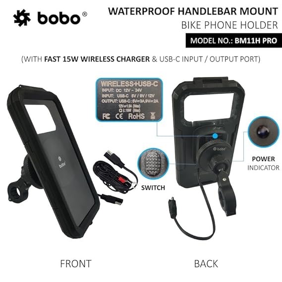 BOBO BM11H PRO with Vibration Controller, Fully Waterproof Bike/Motorcycle/Scooter Mobile Phone Holder Mount with Fast 15W Wireless & USB-C I/O Charger, Ideal for Maps and GPS Navigation (Black)