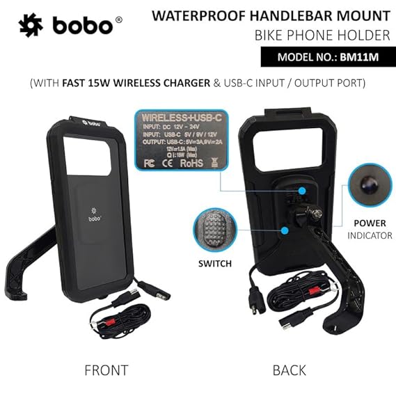 BOBO BM11M Mirror Mount Fully Waterproof Bike/Motorcycle/Scooter Mobile Phone Holder Mount with Fast 15W Wireless & USB-C Input/Output Charger, Ideal for Maps and GPS Navigation (Black)