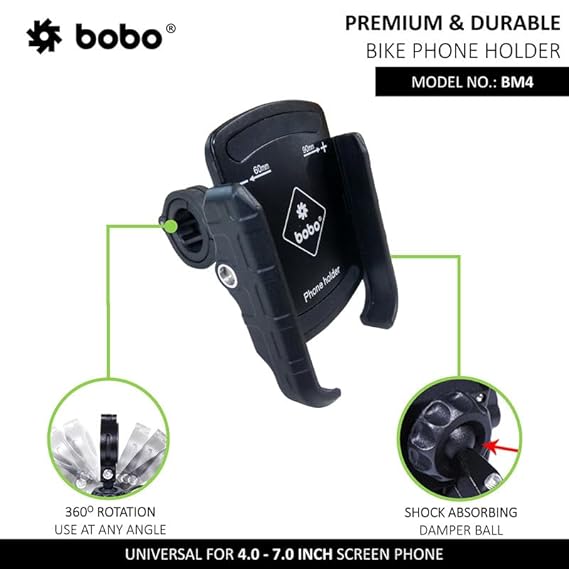 BOBO BM4 Jaw-Grip Waterproof BikeMotorcycleScooter Mobile Phone Holder Mount, Ideal for Maps and GPS Navigation (Black)