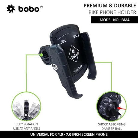 BOBO BM4 Jaw-Grip Waterproof BikeMotorcycleScooter Mobile Phone Holder Mount, Ideal for Maps and GPS Navigation (Black)