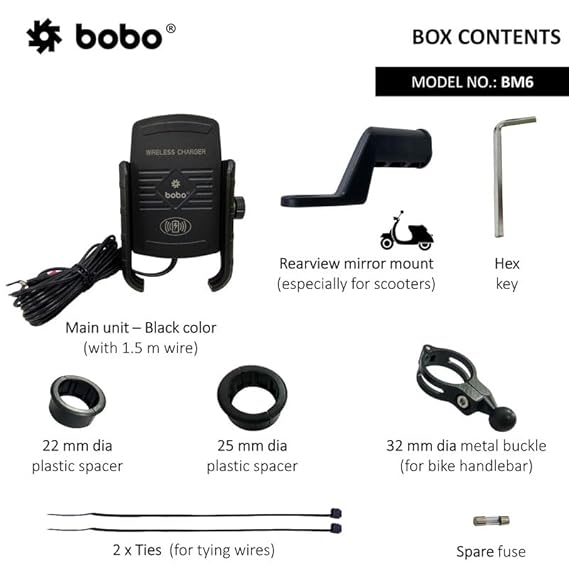 BOBO BM6 Jaw-Grip Waterproof Bike/Motorcycle/Scooter Mobile Phone Holder Mount with Fast 15W Wireless Charger, Ideal for Maps and GPS Navigation (Black)