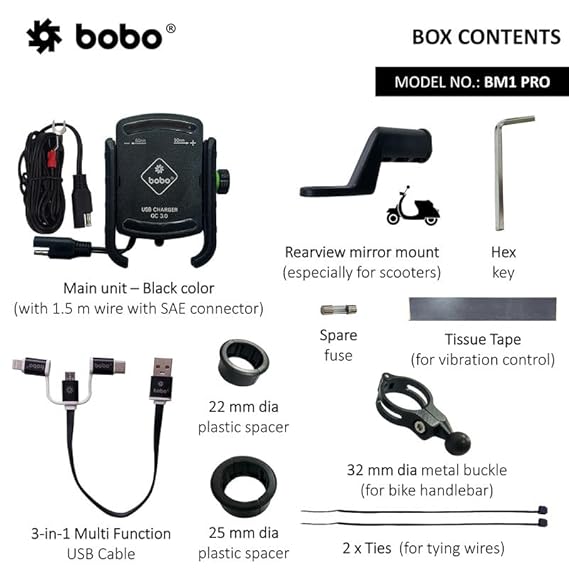 BOBO BM1 PRO Jaw-Grip Waterproof BikeMotorcycleScooter Mobile Phone Holder Mount with Fast USB 3.0 Charger, SAE Connector & Small USB Cable, Ideal for Maps and GPS Navigation (Black)