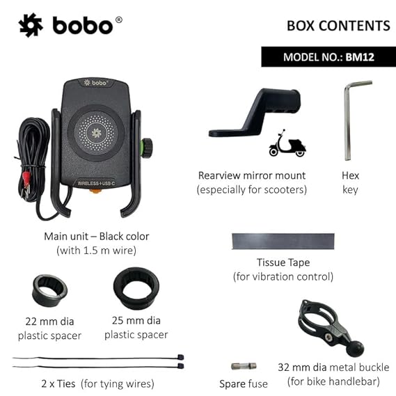 BOBO BM12 Jaw-Grip Waterproof BikeMotorcycleScooter Mobile Phone Holder Mount with Fast 15W Wireless & USB-C InputOutput Charger, Ideal for Maps and GPS Navigation (Black)