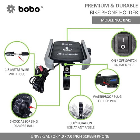 BOBO BM1 Jaw-Grip Bike Phone Holder (with fast USB 3.0 charger) Motorcycle Mobile Mount