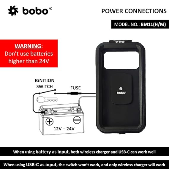 BOBO BM11H Handlebar Mount Fully Waterproof Bike/Motorcycle/Scooter Mobile Phone Holder Mount with Fast 15W Wireless & USB-C Input/Output Charger, Ideal for Maps and GPS Navigation (Black)