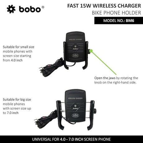 BOBO BM6 Jaw-Grip Waterproof Bike/Motorcycle/Scooter Mobile Phone Holder Mount with Fast 15W Wireless Charger, Ideal for Maps and GPS Navigation (Black)