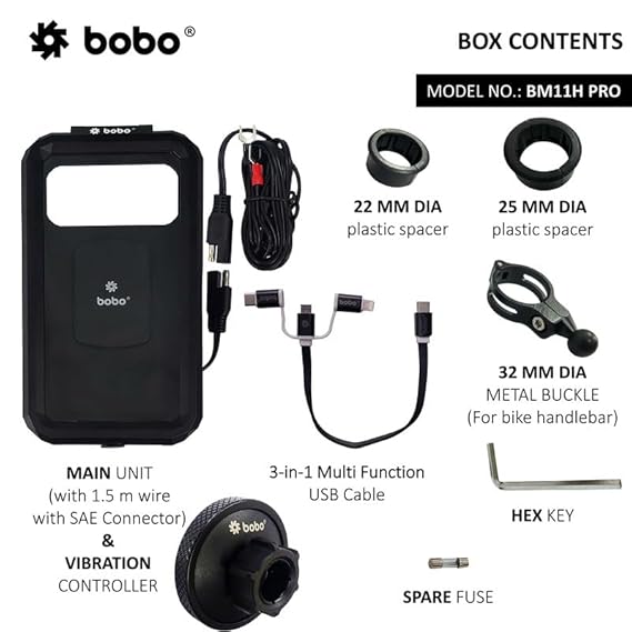 BOBO BM11H PRO with Vibration Controller, Fully Waterproof Bike/Motorcycle/Scooter Mobile Phone Holder Mount with Fast 15W Wireless & USB-C I/O Charger, Ideal for Maps and GPS Navigation (Black)