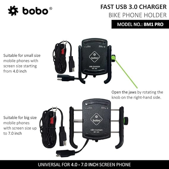 BOBO BM1 PRO Jaw-Grip Waterproof BikeMotorcycleScooter Mobile Phone Holder Mount with Fast USB 3.0 Charger, SAE Connector & Small USB Cable, Ideal for Maps and GPS Navigation (Black)