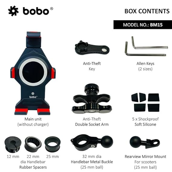 BOBO BM15 Anti-Vibration Anti-Theft Metallic Waterproof Bike/Motorcycle/Scooter Mobile Phone Holder Mount, Ideal for Maps and GPS Navigation (Black)