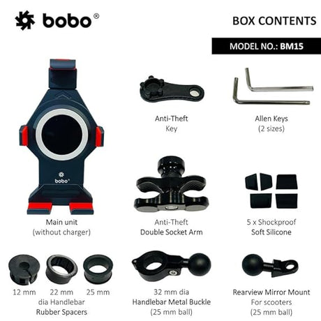 BOBO BM15 Anti-Vibration Anti-Theft Metallic Waterproof Bike/Motorcycle/Scooter Mobile Phone Holder Mount, Ideal for Maps and GPS Navigation (Black)