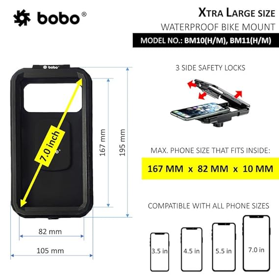 BOBO BM11H Handlebar Mount Fully Waterproof Bike/Motorcycle/Scooter Mobile Phone Holder Mount with Fast 15W Wireless & USB-C Input/Output Charger, Ideal for Maps and GPS Navigation (Black)