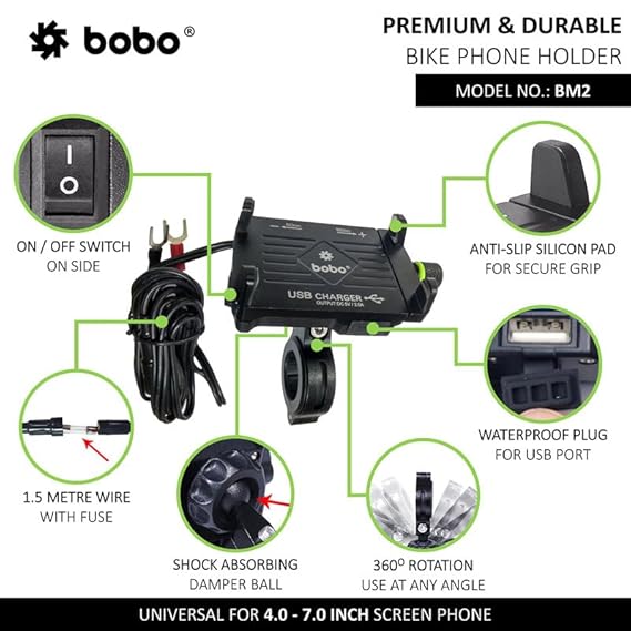 BOBO BM2 Aluminium Waterproof Bike/Motorcycle/Scooter Mobile Phone Holder Mount with 2.5A USB Charger, Ideal for Maps and GPS Navigation (Black)