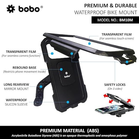 BOBO BM10M Mirror Mount Fully Waterproof Bike/Motorcycle/Scooter Mobile Phone Holder Mount, Ideal for Maps and GPS Navigation (Black)