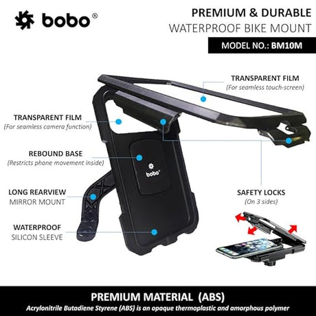 BOBO BM10M Mirror Mount Fully Waterproof Bike/Motorcycle/Scooter Mobile Phone Holder Mount, Ideal for Maps and GPS Navigation (Black)
