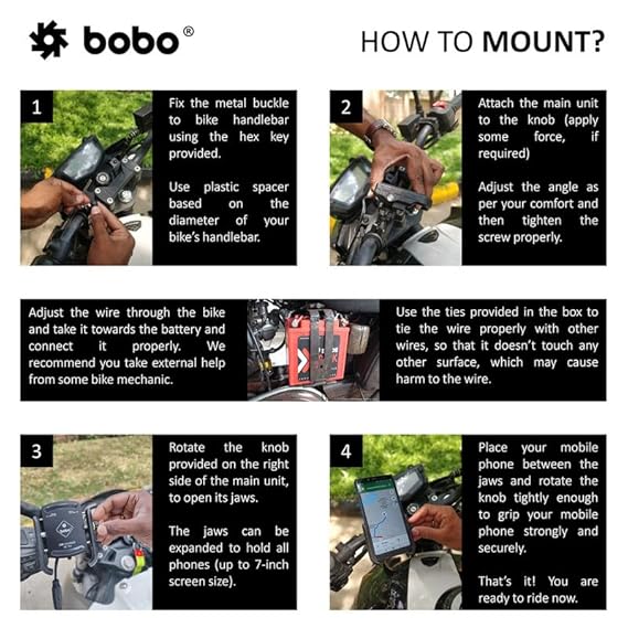 BOBO BM1 PRO Jaw-Grip Waterproof BikeMotorcycleScooter Mobile Phone Holder Mount with Fast USB 3.0 Charger, SAE Connector & Small USB Cable, Ideal for Maps and GPS Navigation (Black)