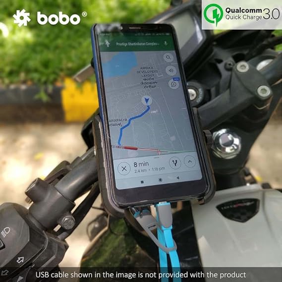 BOBO BM1 Jaw-Grip Waterproof BikeMotorcycleScooter Mobile Phone Holder Mount with Fast USB 3.0 Charger, Ideal for Maps and GPS Navigation (Black)