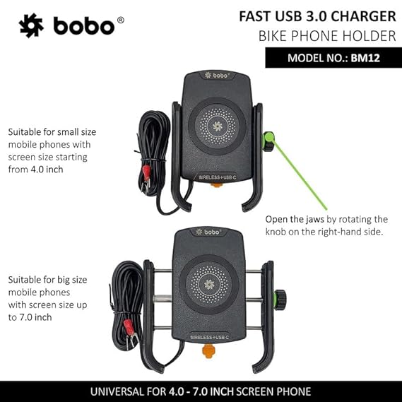 BOBO BM12 Jaw-Grip Waterproof BikeMotorcycleScooter Mobile Phone Holder Mount with Fast 15W Wireless & USB-C InputOutput Charger, Ideal for Maps and GPS Navigation (Black)