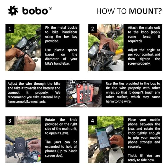 BOBO BM12 Jaw-Grip Waterproof BikeMotorcycleScooter Mobile Phone Holder Mount with Fast 15W Wireless & USB-C InputOutput Charger, Ideal for Maps and GPS Navigation (Black)