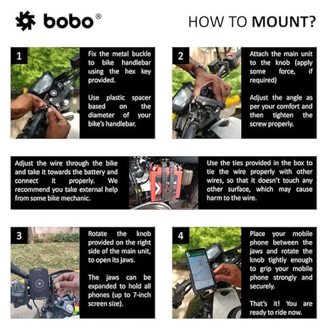 BOBO BM12 Jaw-Grip Waterproof BikeMotorcycleScooter Mobile Phone Holder Mount with Fast 15W Wireless & USB-C InputOutput Charger, Ideal for Maps and GPS Navigation (Black)