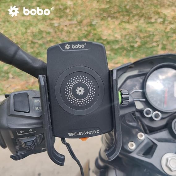 BOBO BM12 Jaw-Grip Waterproof BikeMotorcycleScooter Mobile Phone Holder Mount with Fast 15W Wireless & USB-C InputOutput Charger, Ideal for Maps and GPS Navigation (Black)