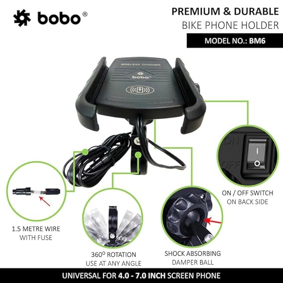 BOBO BM6 Jaw-Grip Waterproof Bike/Motorcycle/Scooter Mobile Phone Holder Mount with Fast 15W Wireless Charger, Ideal for Maps and GPS Navigation (Black)