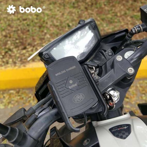 BOBO BM6 Jaw-Grip Waterproof Bike/Motorcycle/Scooter Mobile Phone Holder Mount with Fast 15W Wireless Charger, Ideal for Maps and GPS Navigation (Black)