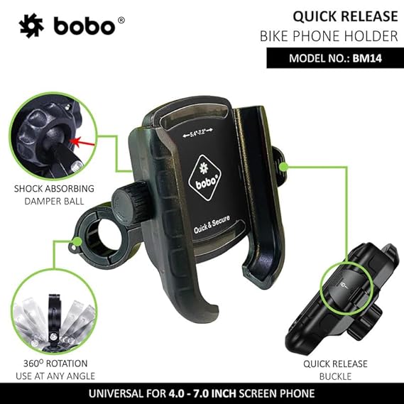 BOBO BM14 Quick Release Enhanced BM4 Waterproof BikeMotorcycleScooter Mobile Phone Holder Mount, Ideal for Maps and GPS Navigation (Black)