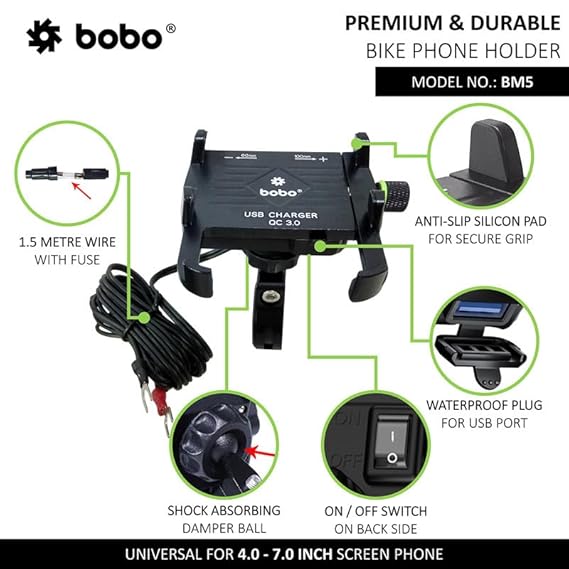 BOBO BM5 Aluminium Waterproof Bike/Motorcycle/Scooter Mobile Phone Holder Mount with Fast USB 3.0 Charger, Ideal for Maps and GPS Navigation (Black)