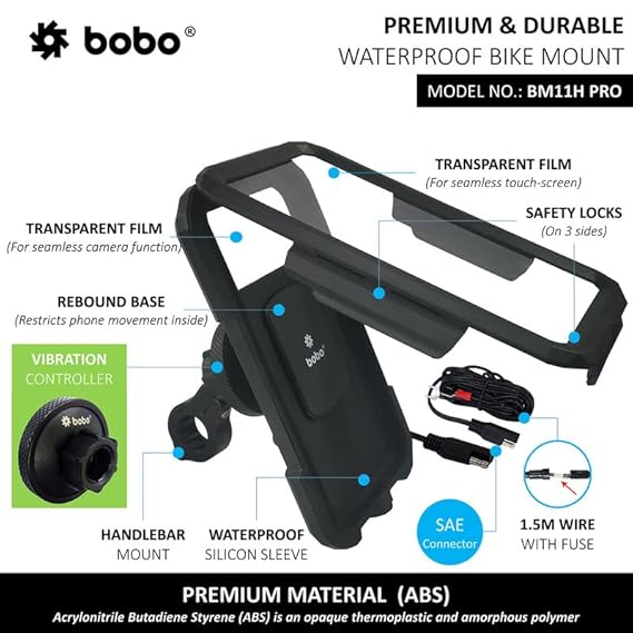 BOBO BM11H PRO with Vibration Controller, Fully Waterproof Bike/Motorcycle/Scooter Mobile Phone Holder Mount with Fast 15W Wireless & USB-C I/O Charger, Ideal for Maps and GPS Navigation (Black)