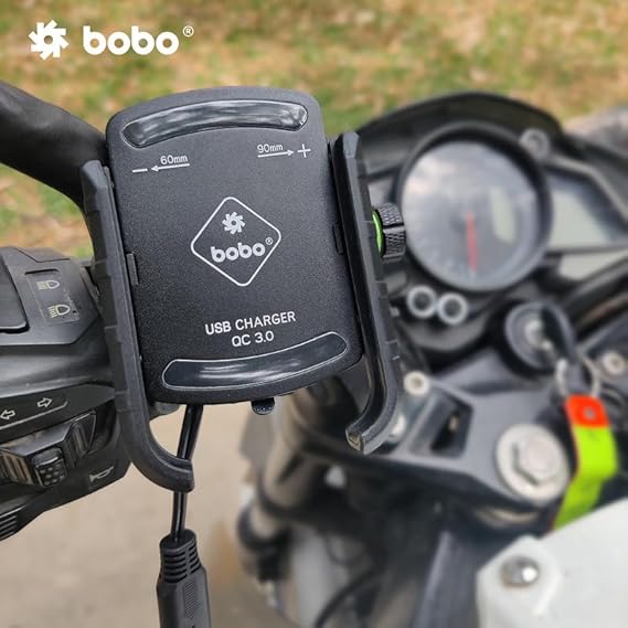 BOBO BM1 PRO Jaw-Grip Waterproof BikeMotorcycleScooter Mobile Phone Holder Mount with Fast USB 3.0 Charger, SAE Connector & Small USB Cable, Ideal for Maps and GPS Navigation (Black)