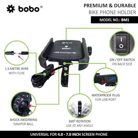 BOBO BM1 Jaw-Grip Waterproof BikeMotorcycleScooter Mobile Phone Holder Mount with Fast USB 3.0 Charger, Ideal for Maps and GPS Navigation (Black)